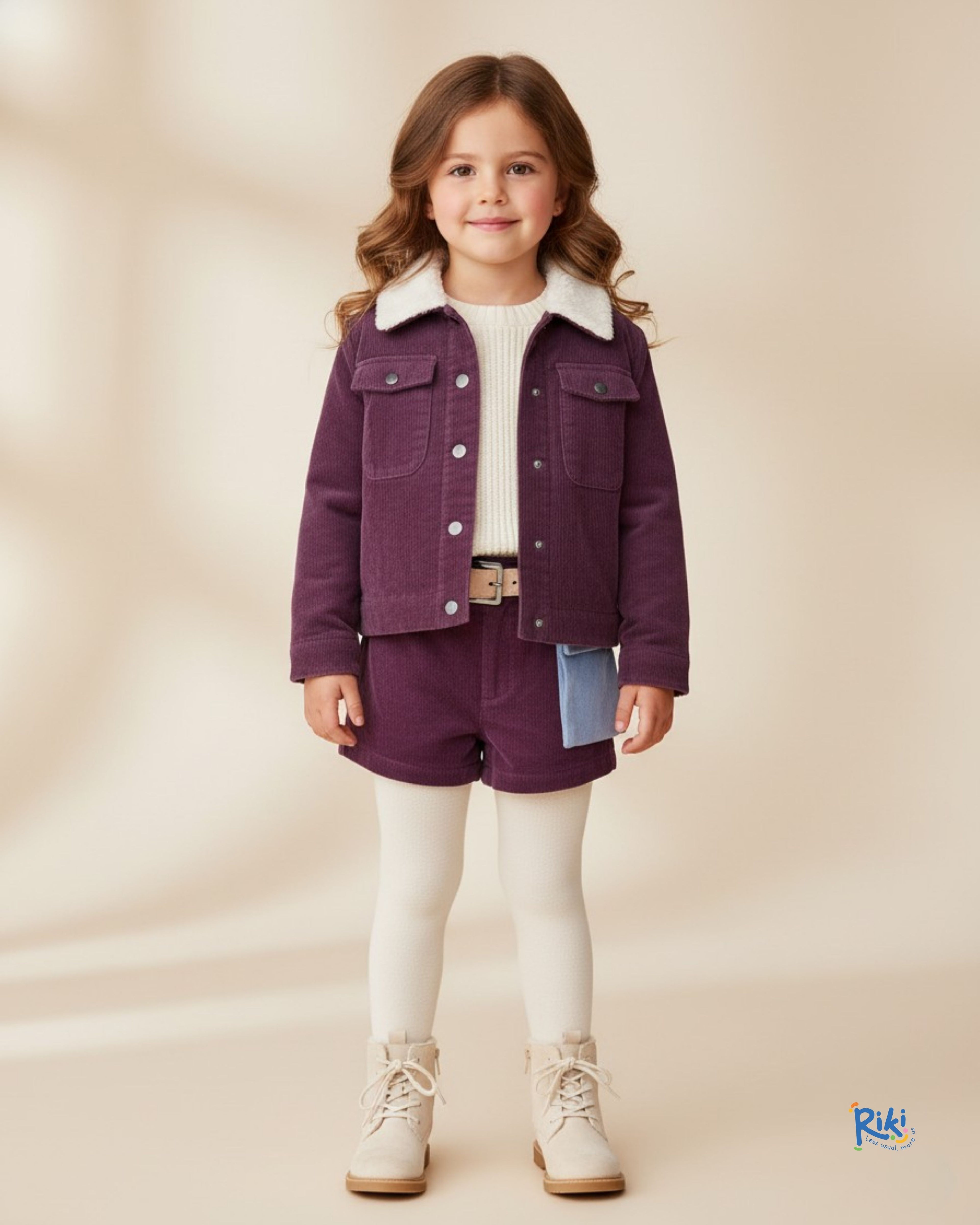 Fitilli Kadife Peluş Yaka Mor Kız Çocuk Mont | Kışlık Rahat Kesim