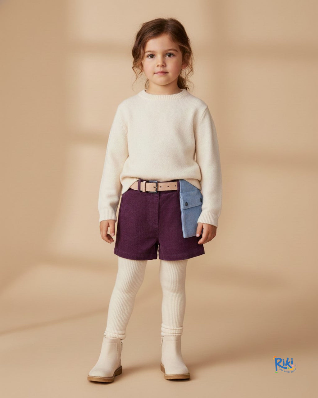 Fitilli Kadife Cep Detaylı Mor Kız Çocuk Şort | Kışlık Esnek Kumaş