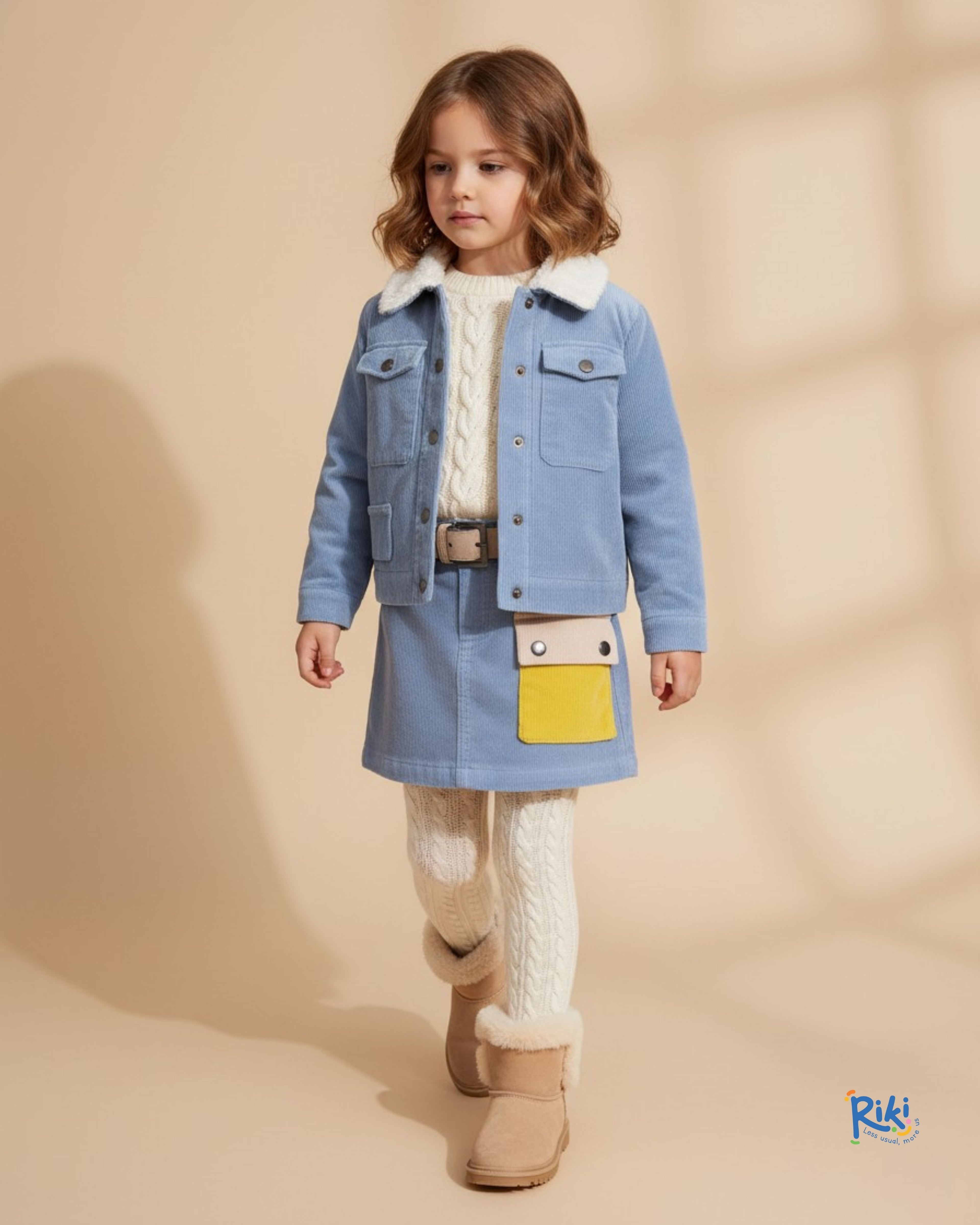 Fitilli Kadife Açık Mavi Kışlık Kız Çocuk Etek | Kontrast Cep Detaylı Basic Kesim