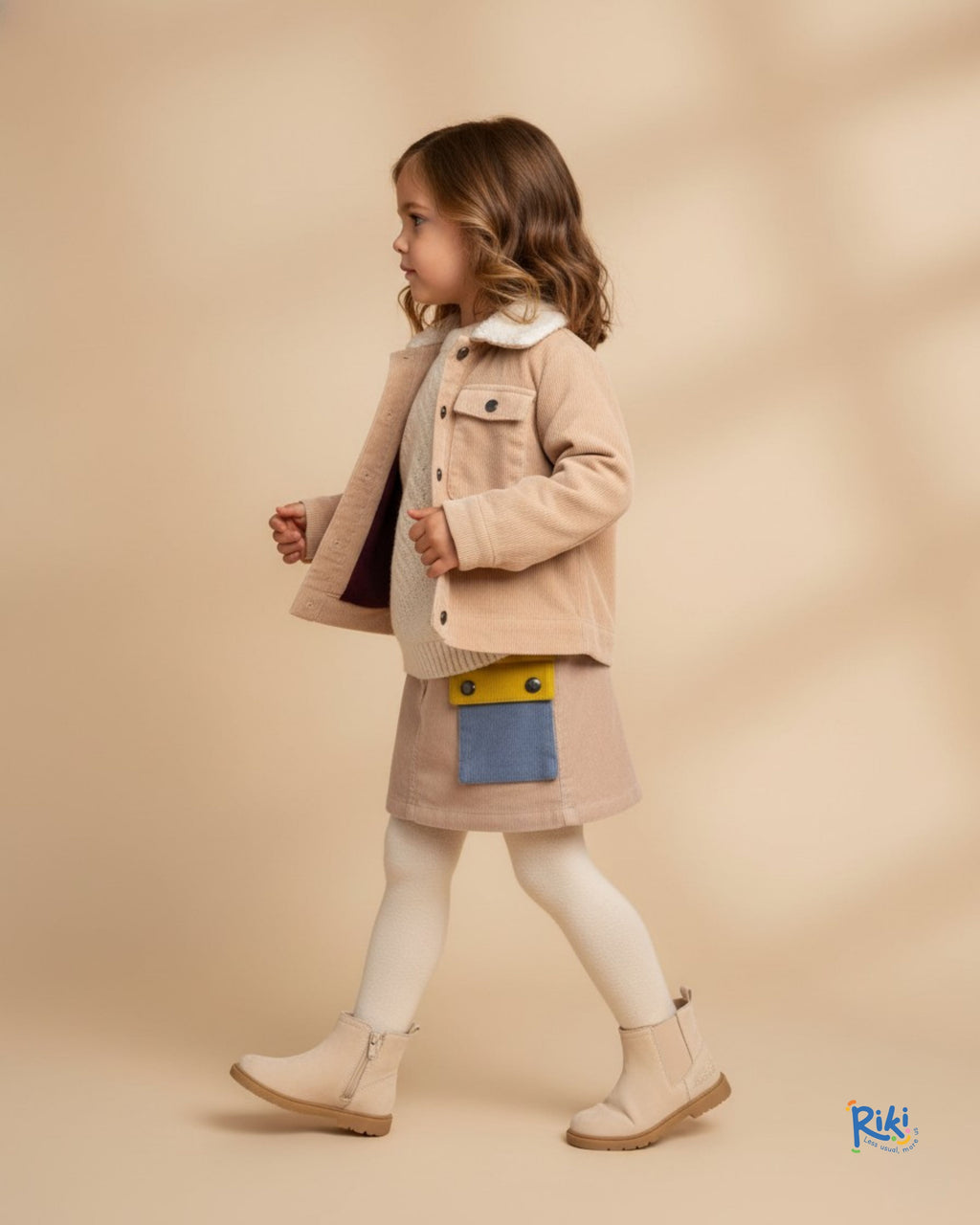 Fitilli Kadife Peluş Yaka Krem Kız Çocuk Mont