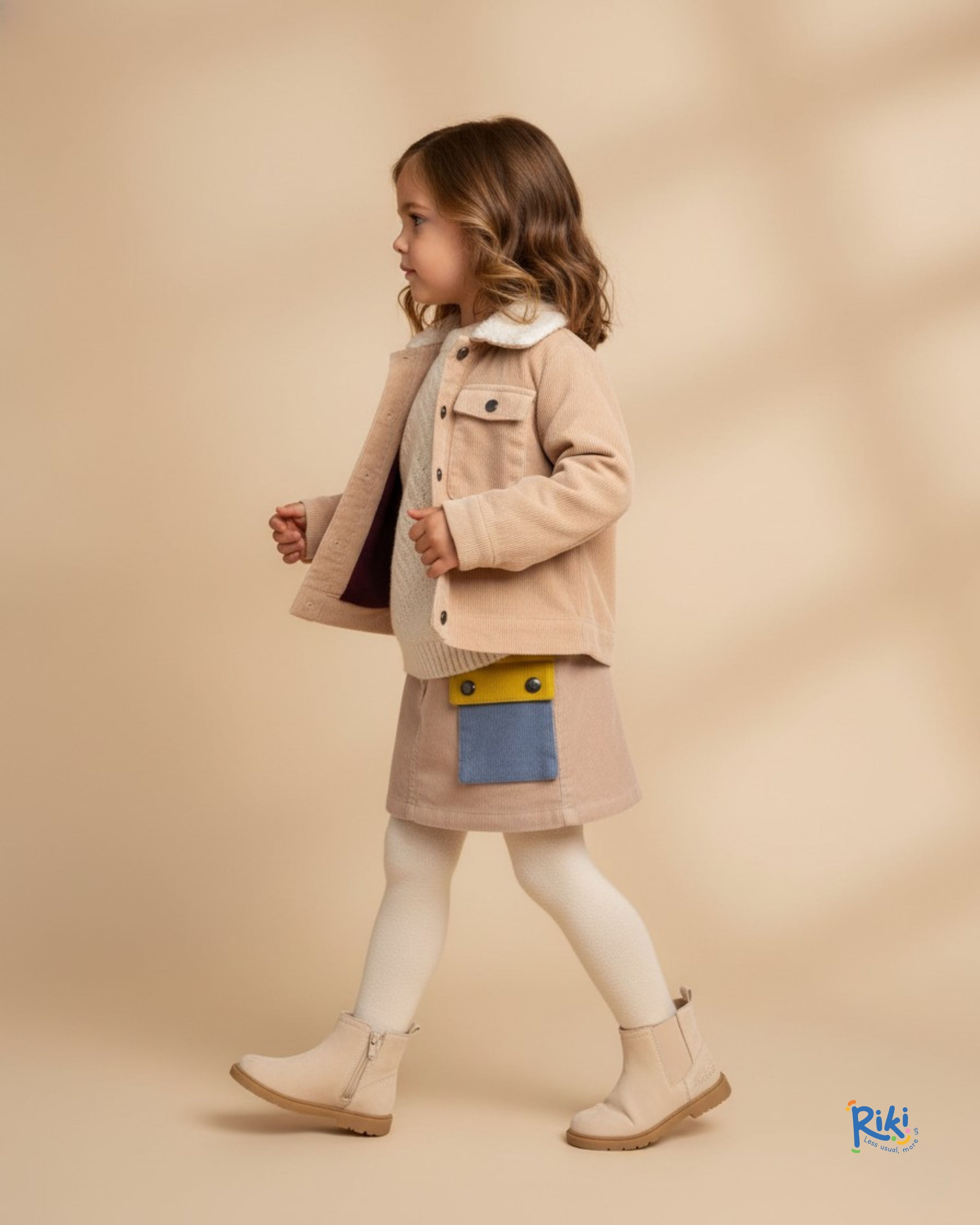 Fitilli Kadife Peluş Yaka Krem Kız Çocuk Mont