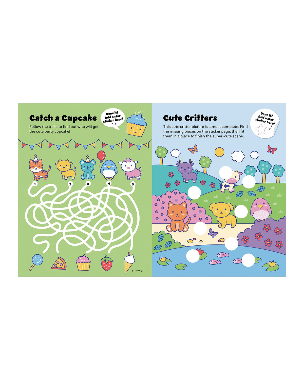 Shiny Stickers Animals iç sayfası, Catch a Cupcake labirenti ve Cute Critters sahnesi