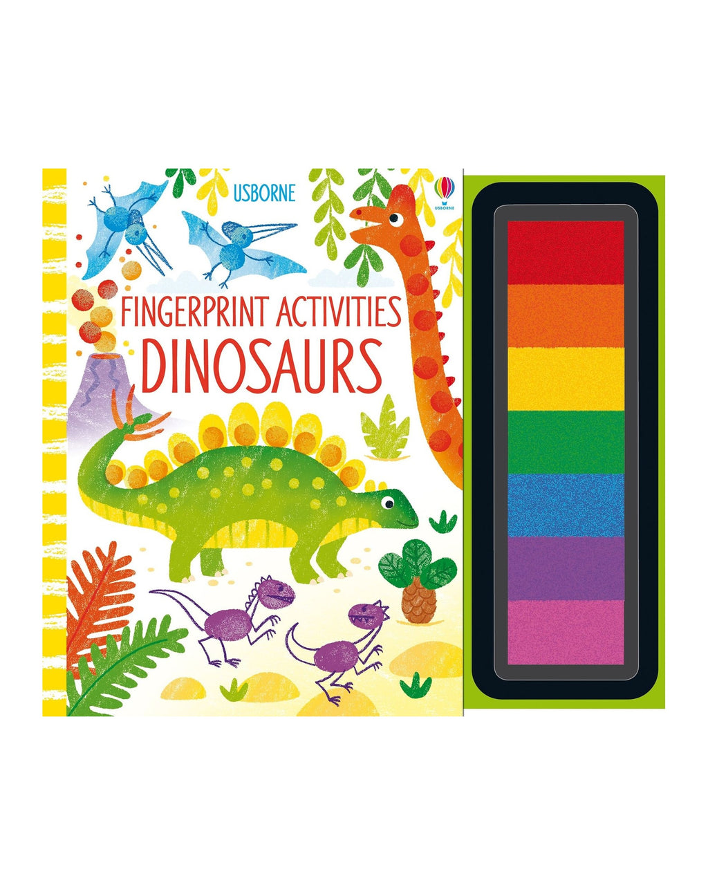 Usborne Fingerprint Activities Dinosaurs kapağı ve yanında 7 renkli mürekkep pedi