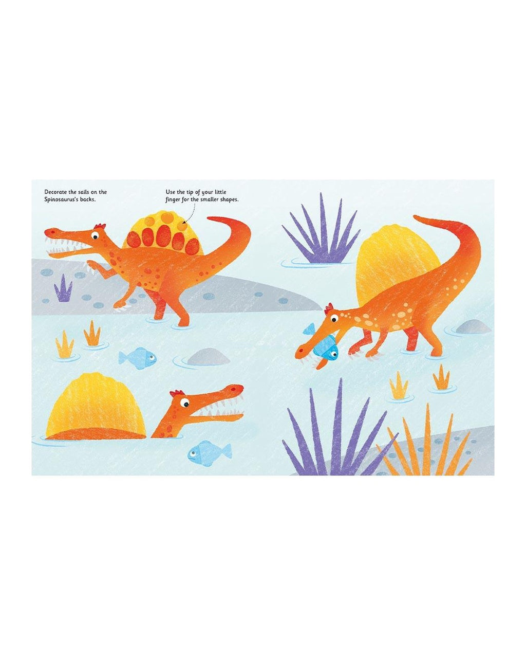 Parmak boyama dinozor kitabında suda yüzen turuncu Spinosaurus sahnesi