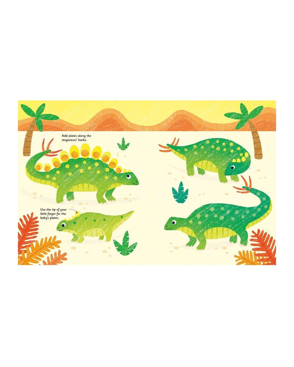 Parmak boyama dinozor kitabında sırt plakaları parmak iziyle yapılan yeşil Stegosaurus sahnesi