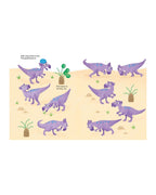 Parmak boyama dinozor kitabında mor Pachycephalosaurus sürüsü ve çöl bitkileri
