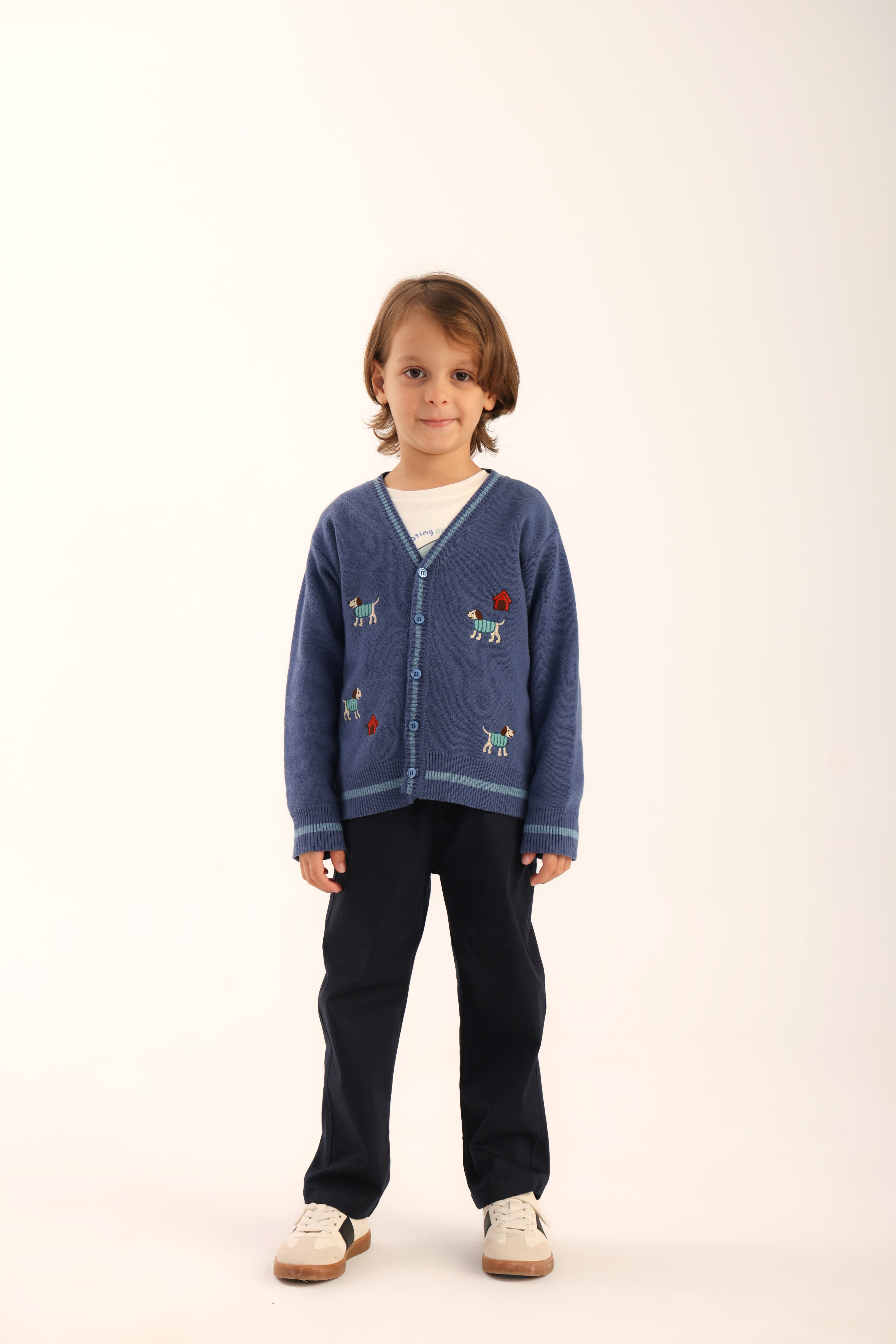 Patique Organik Pamuk Puppy Dreams 3’lü Set – (Nakışlı Hırka + T-Shirt + Gabardin Pantolon)