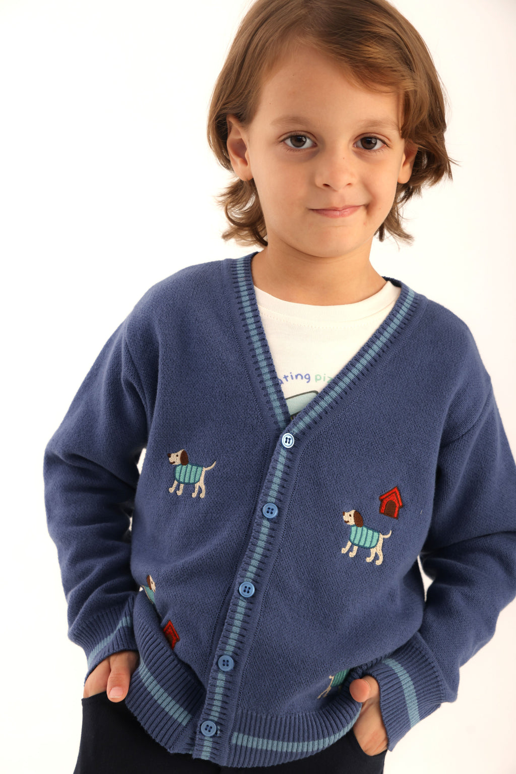 Patique Organik Pamuk Puppy Dreams 3’lü Set – (Nakışlı Hırka + T-Shirt + Gabardin Pantolon)
