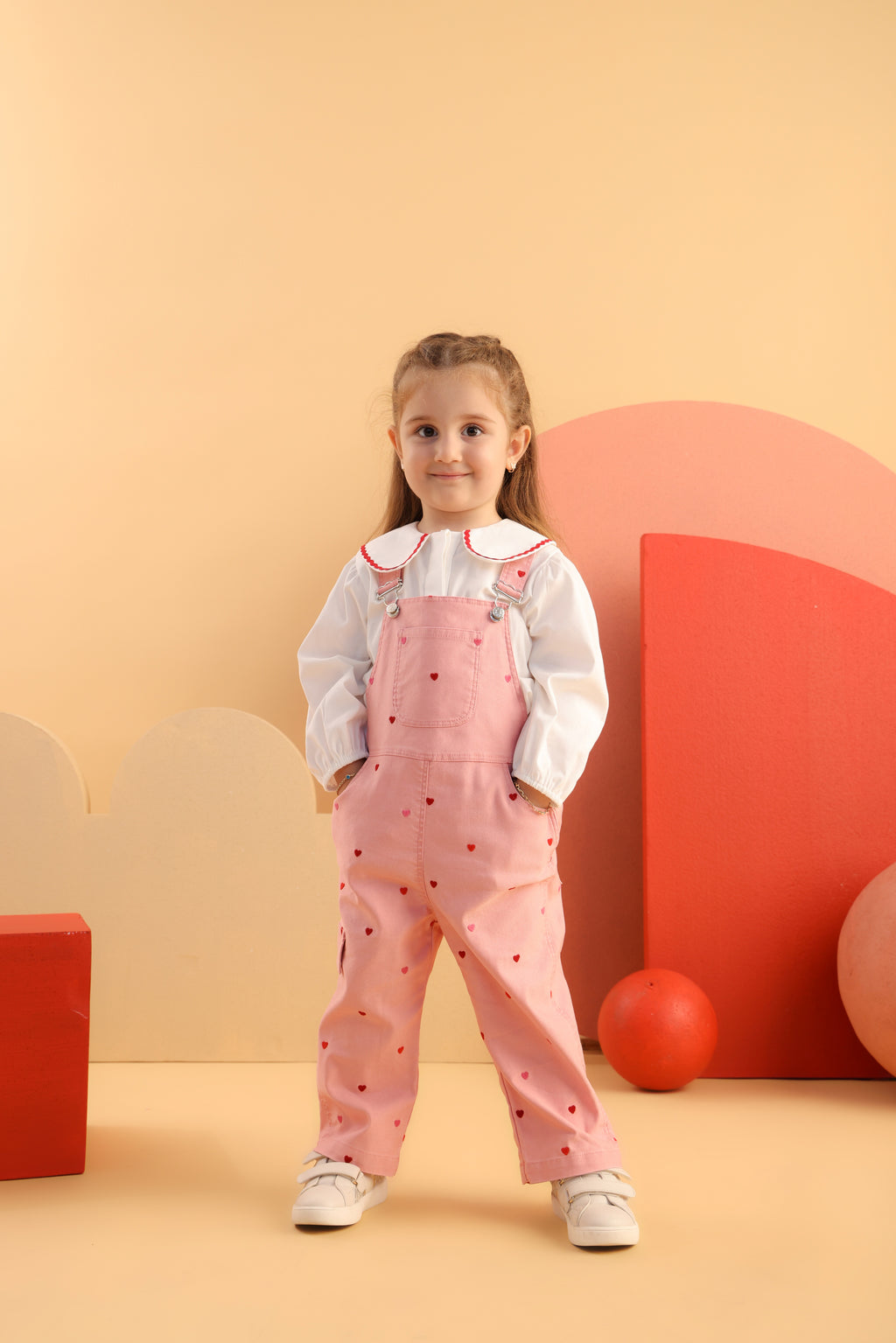 Patique SweetHearts Denim Salopet Set – Yumuşak Denim + Scallop Yakalı Gömlek