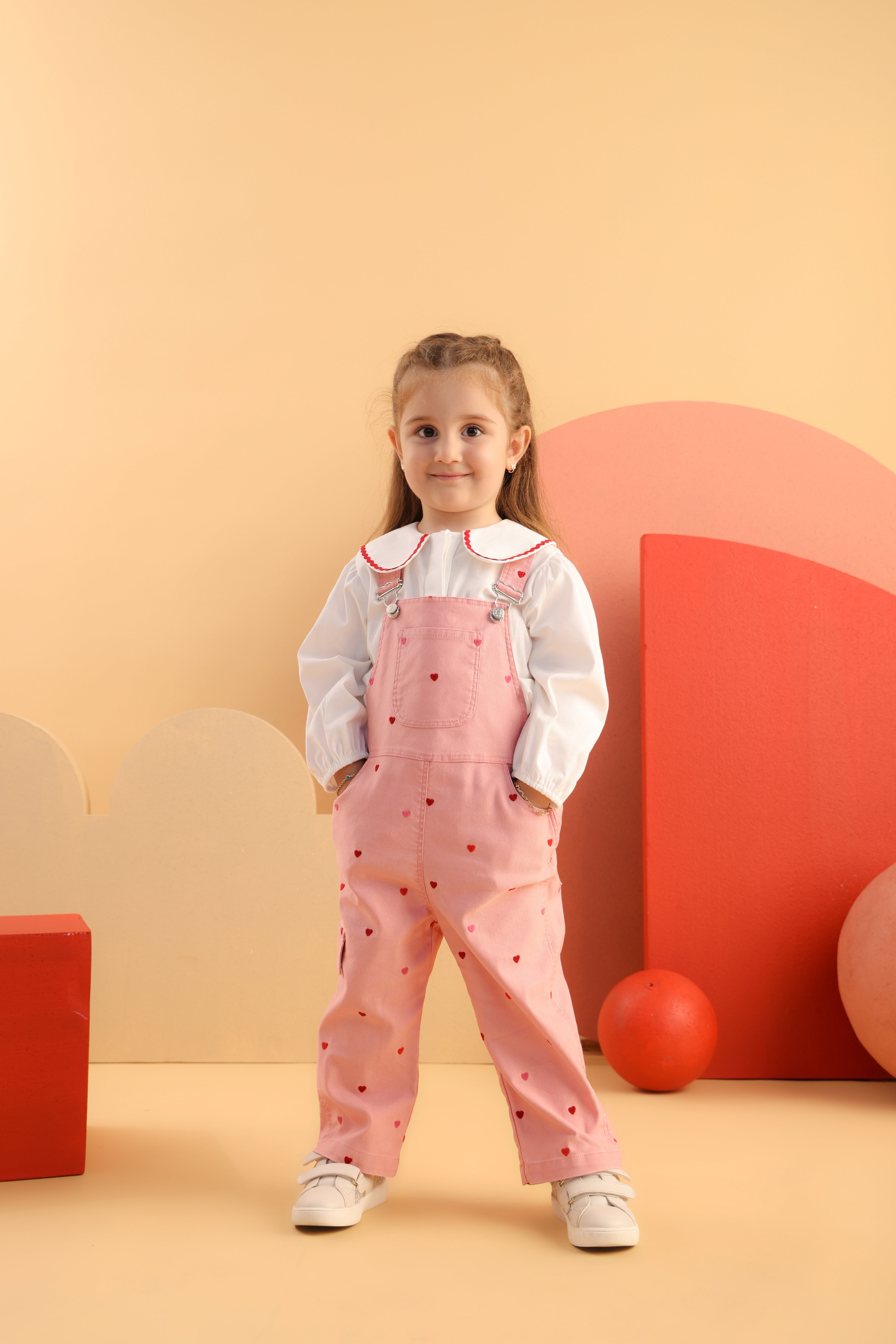 Patique SweetHearts Denim Salopet Set – Yumuşak Denim + Scallop Yakalı Gömlek