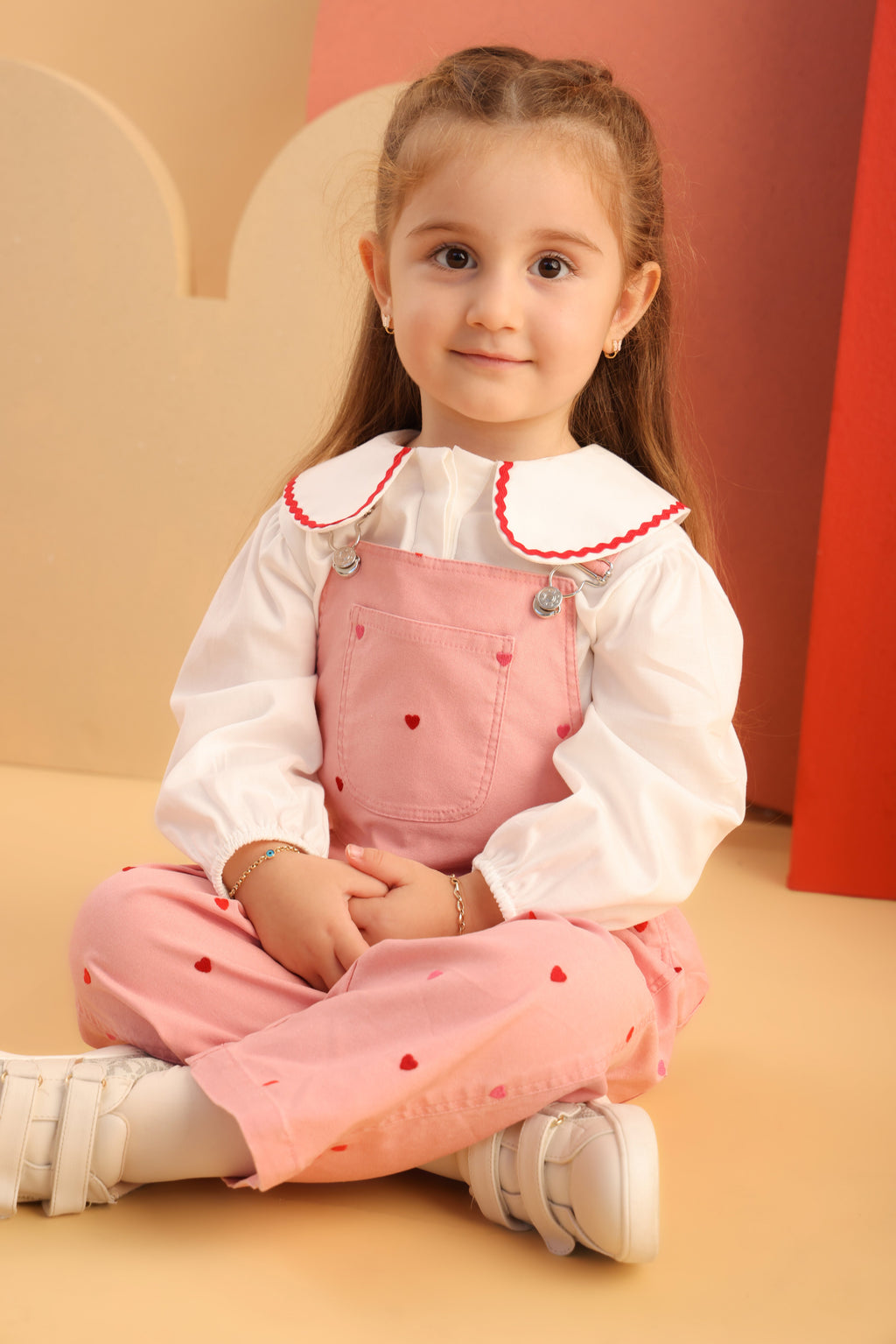 Patique SweetHearts Denim Salopet Set – Yumuşak Denim + Scallop Yakalı Gömlek