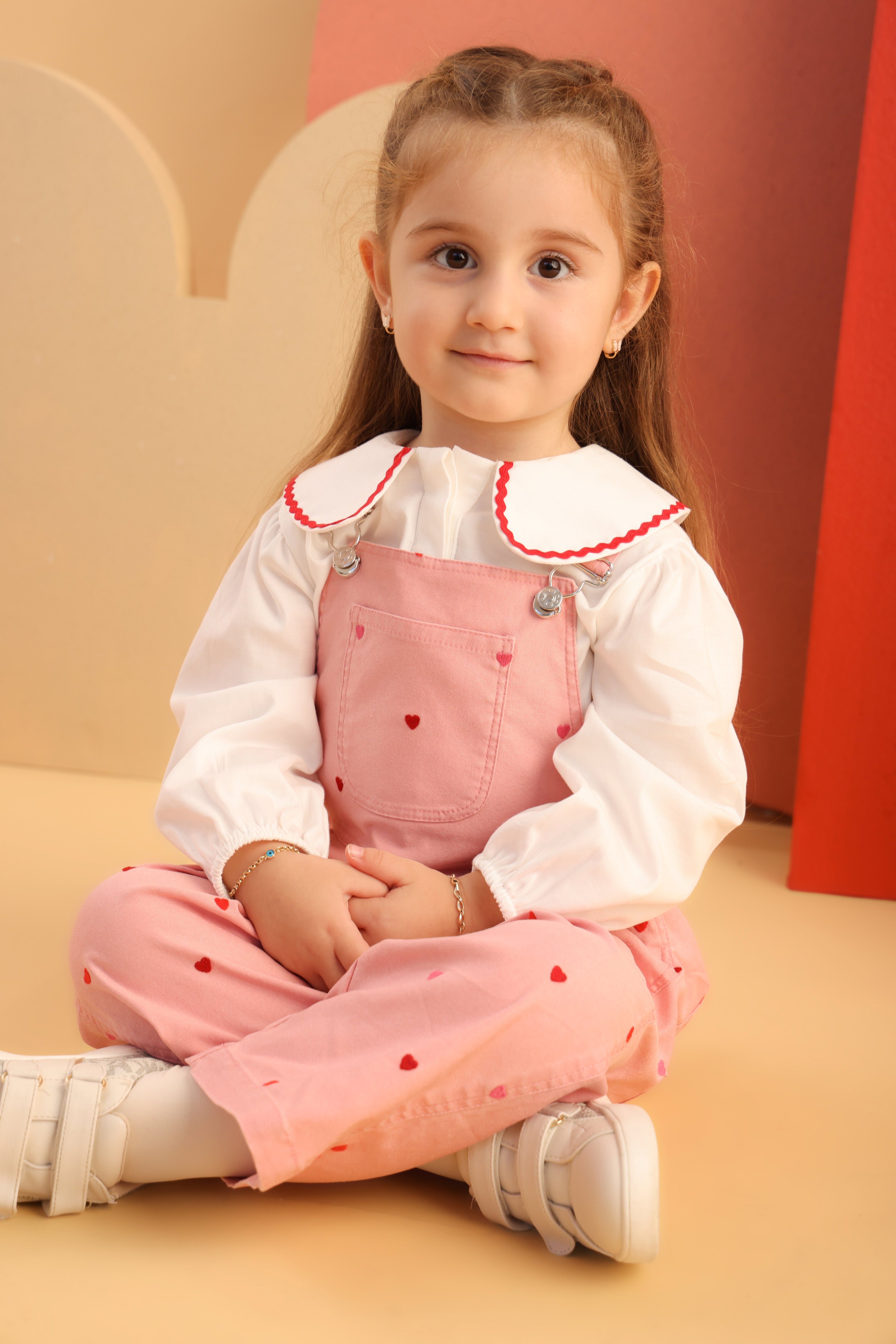 Patique SweetHearts Denim Salopet Set – Yumuşak Denim + Scallop Yakalı Gömlek