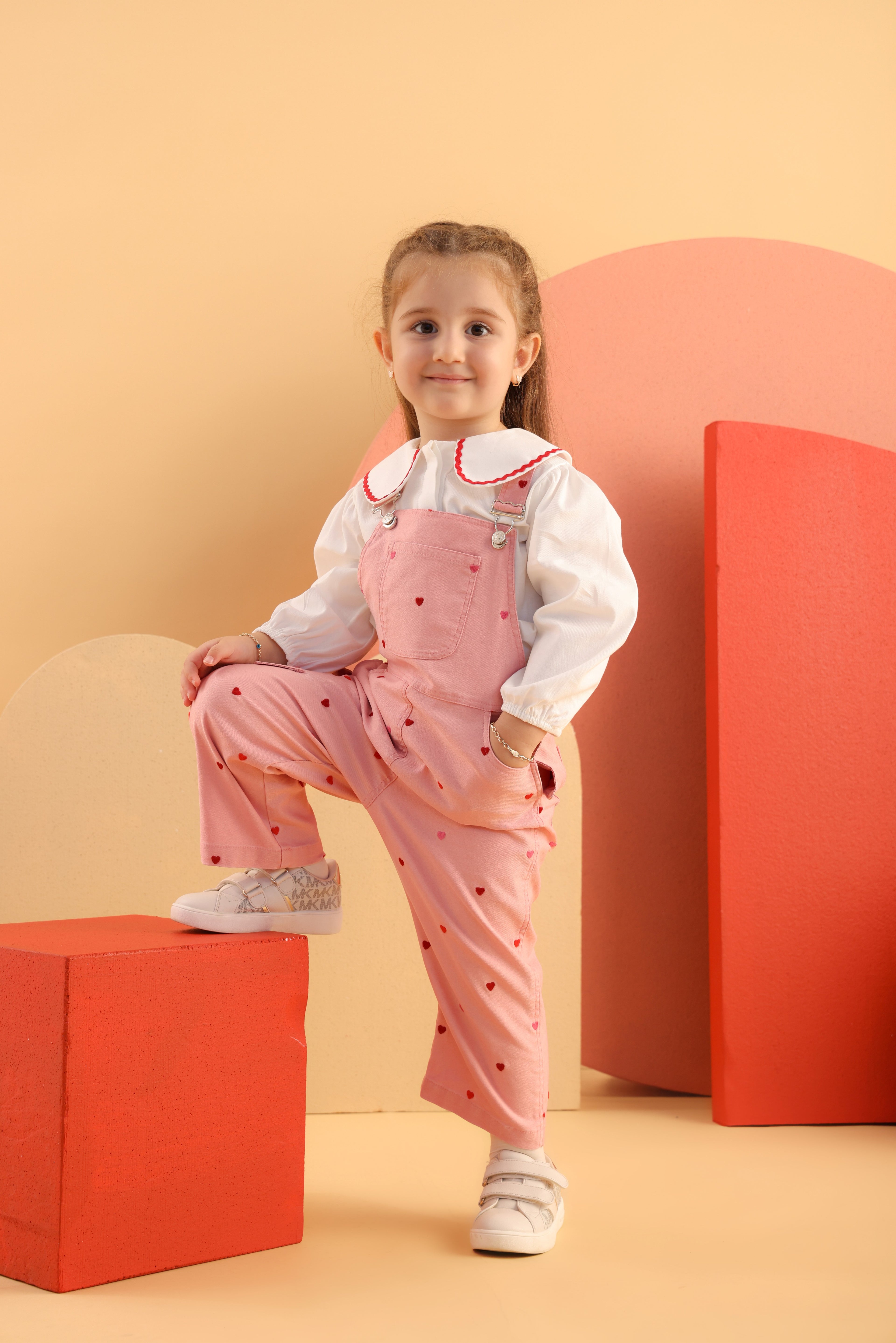 Patique SweetHearts Denim Salopet Set – Yumuşak Denim + Scallop Yakalı Gömlek