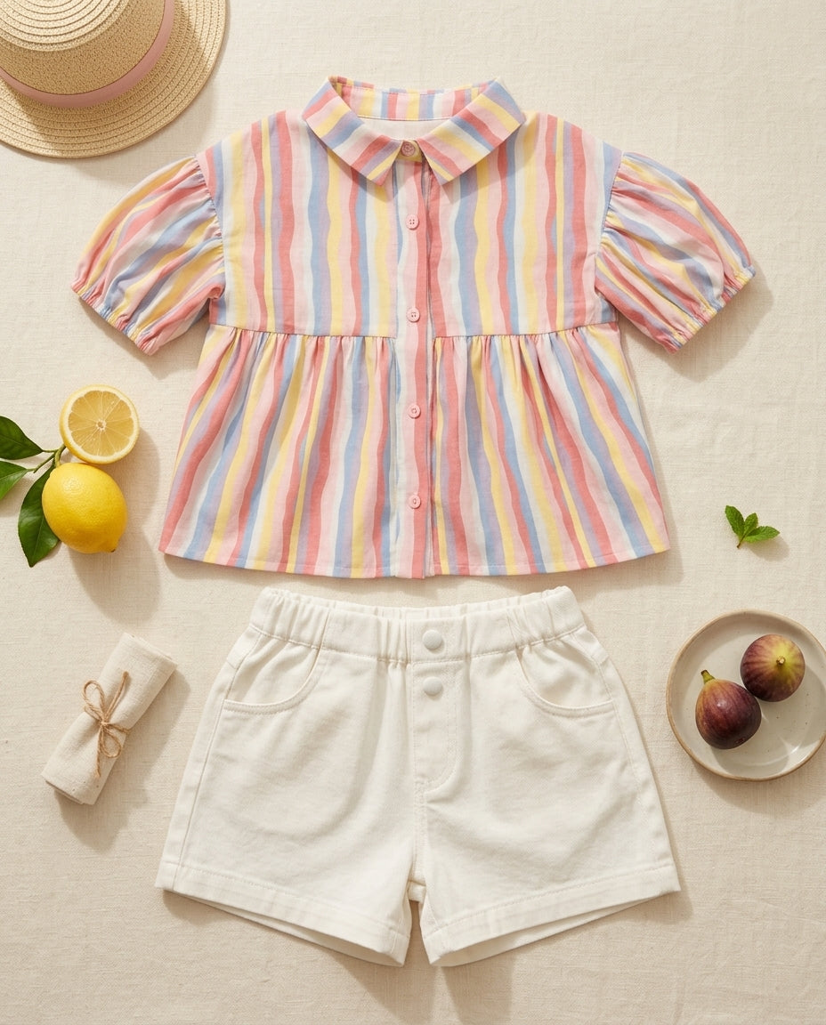 Patique renkli pastel çizgili peplum gömlek beyaz yumuşak şort kız çocuk takım yaz flat lay editorial görseli