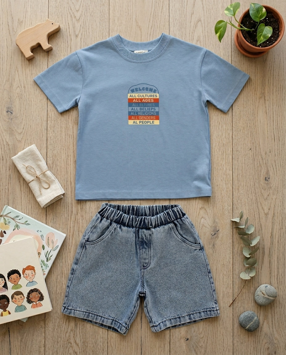 Patique baskılı mavi tişört açık yıkama denim şort erkek çocuk takım kentli yaz flat lay editorial görseli