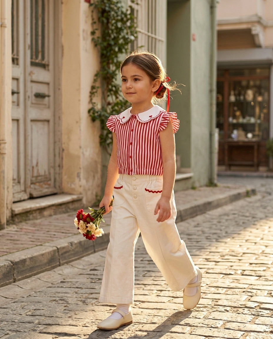 Patique çizgili kalp nakışlı bluz beyaz wide leg pantolon takım giyen kız çocuk golden hour Cihangir vintage sokak