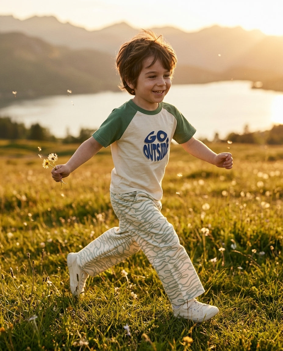 Patique Go Outside tişört keten pantolon takım giyen erkek çocuk golden hour yayla çayırında özgürce koşma anı