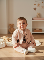 Organik Pamuk Pembe Kedi Desenli Triko Kız Bebek Takımı (Hırka & Salopet)