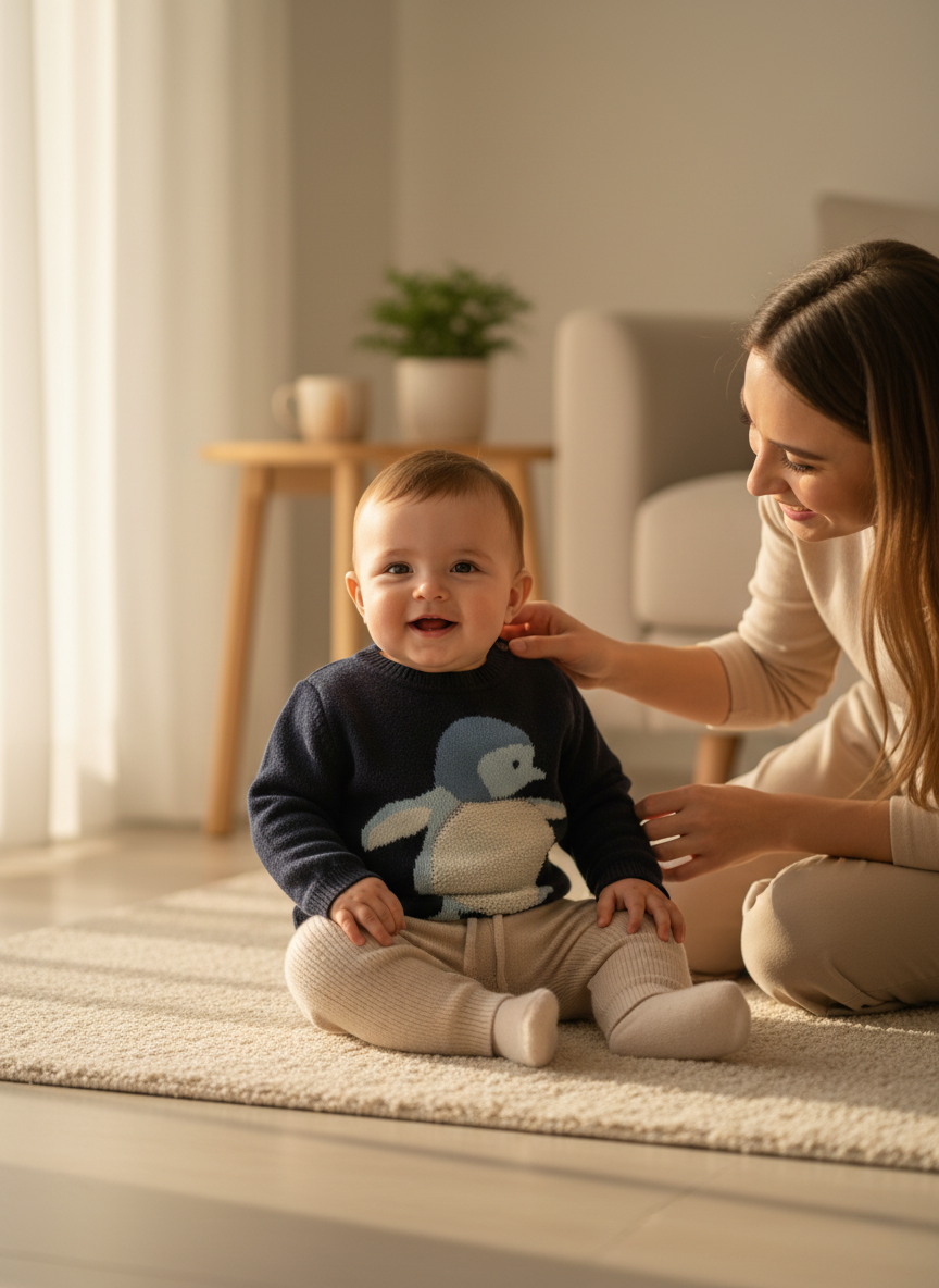 Organik Pamuk Lacivert Penguen Desenli Triko Bebek Kazak