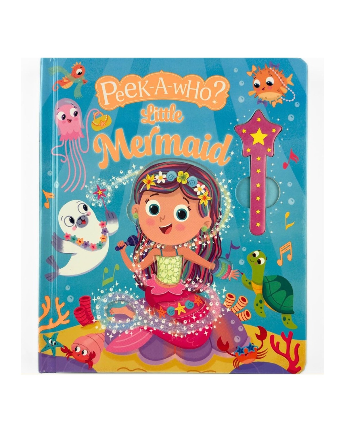Peek-A-Who Little Mermaid kapağı, kayada oturan deniz kızı ve takılı pembe sihirli değnek