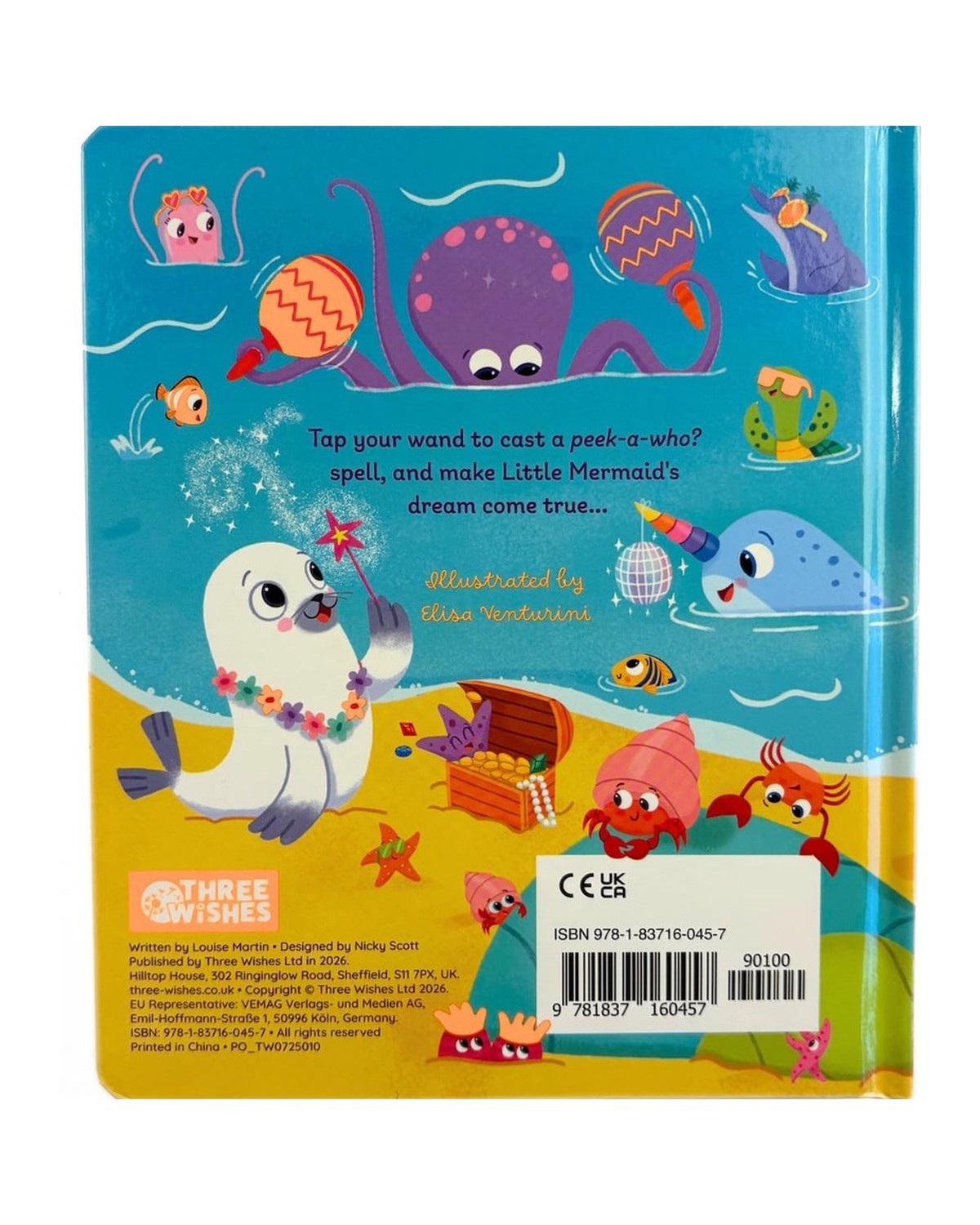 Peek-A-Who Little Mermaid arka kapağı, fok, ahtapot ve deniz canlılarıyla su altı sahnesi