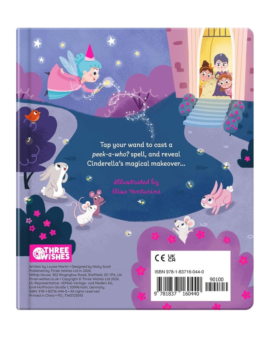 Peek-A-Who Cinderella arka kapağı, peri anne, şato ve orman hayvanları