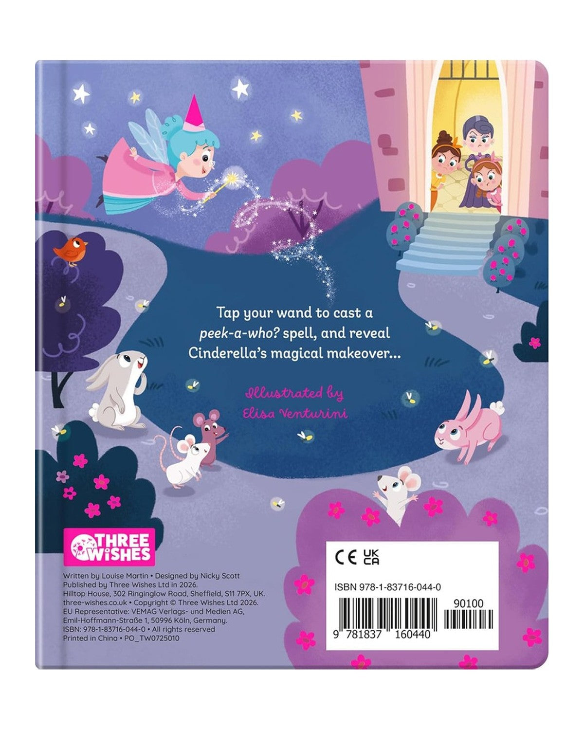 Peek-A-Who Cinderella arka kapağı, peri anne, şato ve orman hayvanları