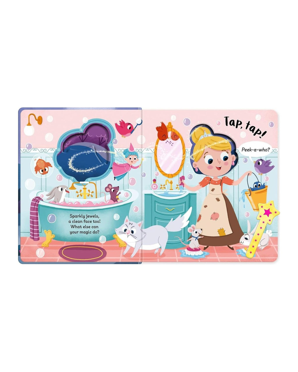 Peek-A-Who Cinderella açılımı, köpüklü küvet, ayna ve kesik pencereli sayfa