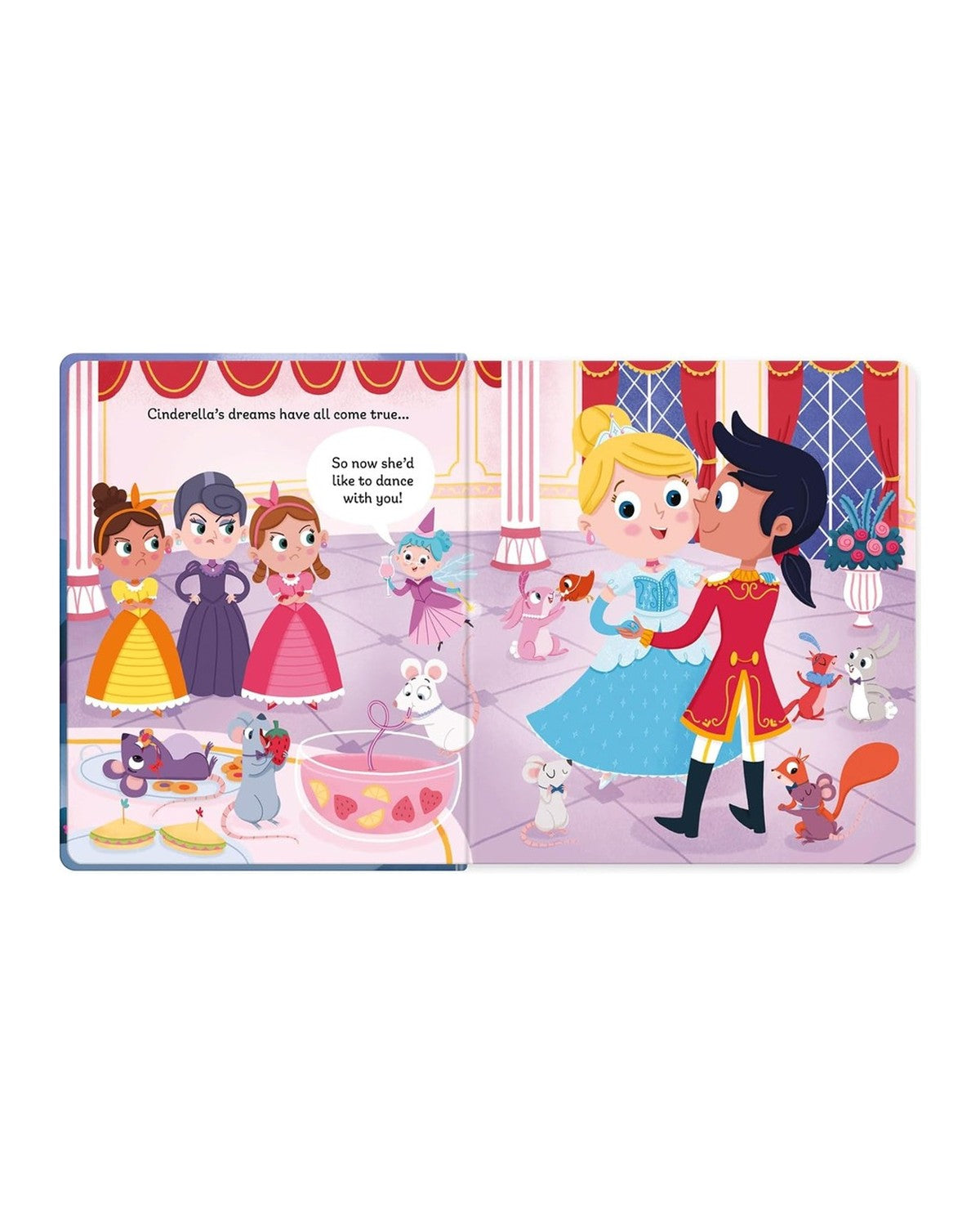 Peek-A-Who Cinderella balo açılımı, prensle dans eden Külkedisi ve üvey kardeşler
