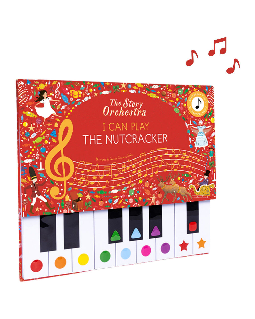 The Story Orchestra I Can Play The Nutcracker kitabının kırmızı kapağı ve renkli notalı piyano tuşları