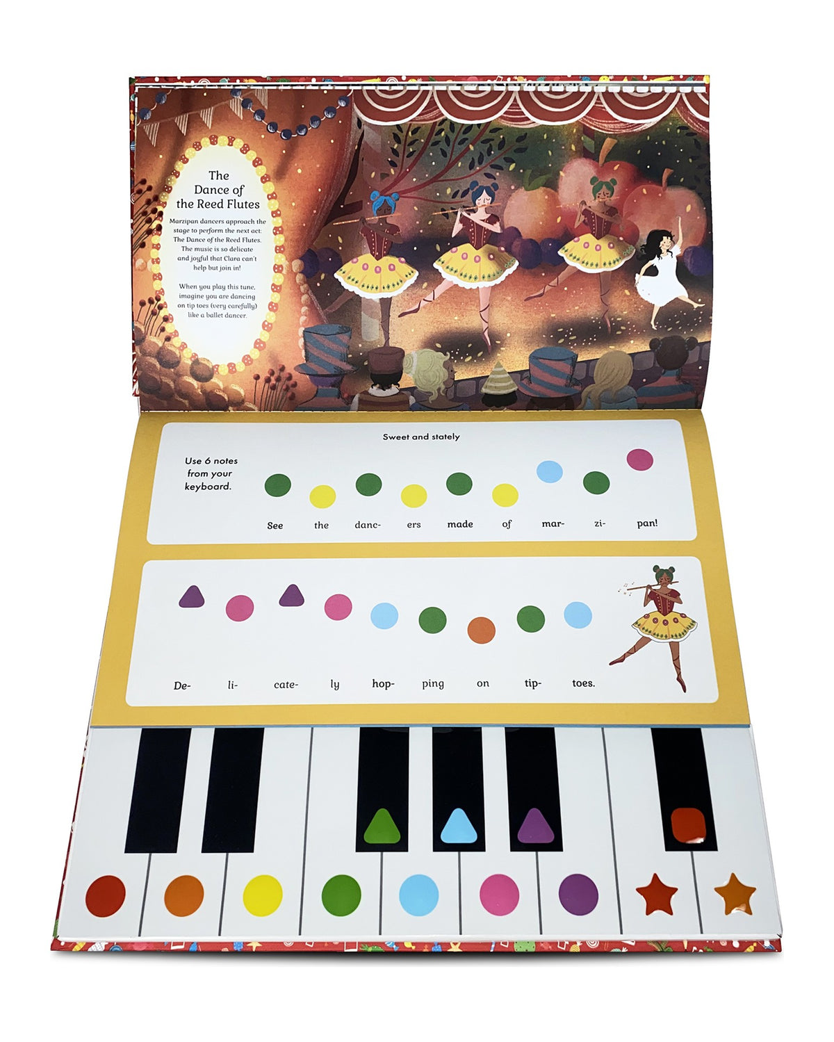 Açık I Can Play The Nutcracker kitabı, sarı bantlı nota sayfası ve altında piyano klavyesi