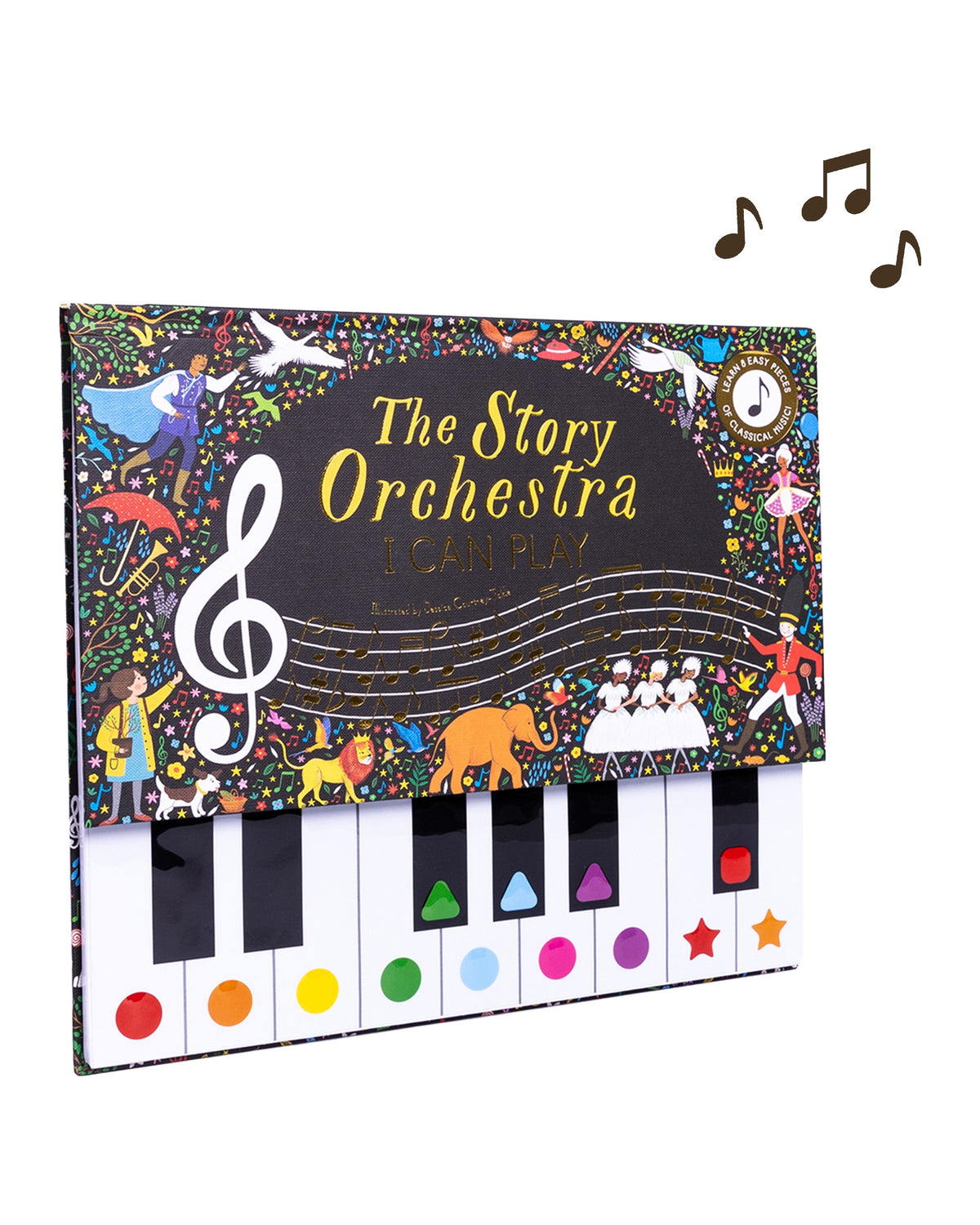 The Story Orchestra I Can Play müzikli kitabının kapağı, renkli notalı 14 tuşlu piyano klavyesi