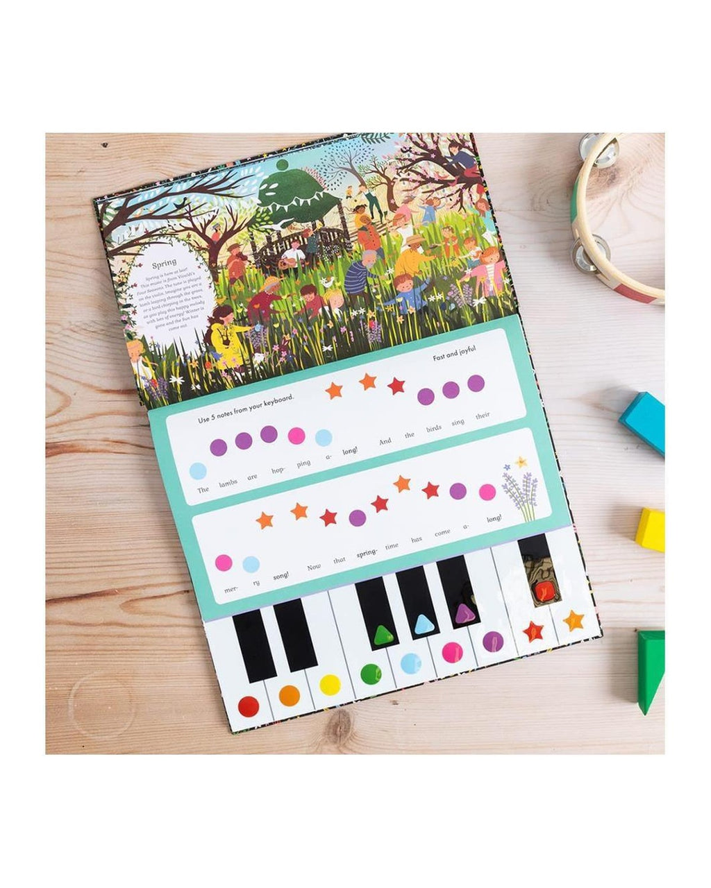 I Can Play kitabında Vivaldi İlkbahar sayfası, ahşap masada açık kitap ve çiçekli bahçe