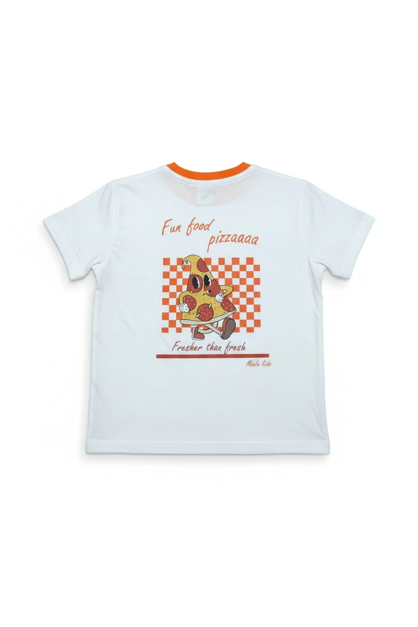 Miela Kids pizza baskılı tişört ve lacivert şort takım düz yatış arka görünüm, Fun food pizzaaaa baskısı