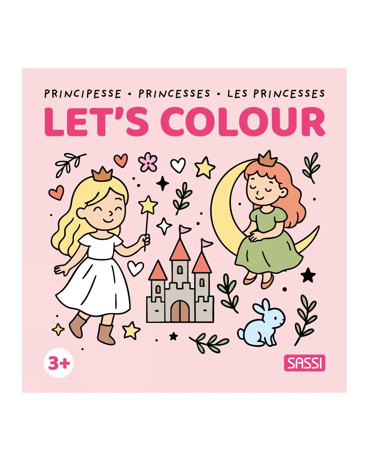 Let's Colour Princesses boyama kitabının pembe kare kapağı, prensesler, şato ve tavşan