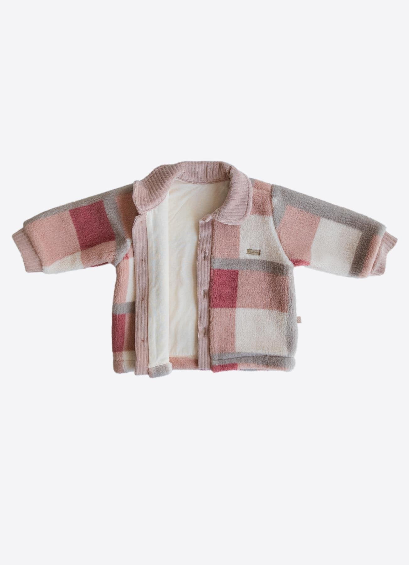 Pastel Kare Desenli Kadife Dokulu Pembe Ceket – Yumuşacık Puffie