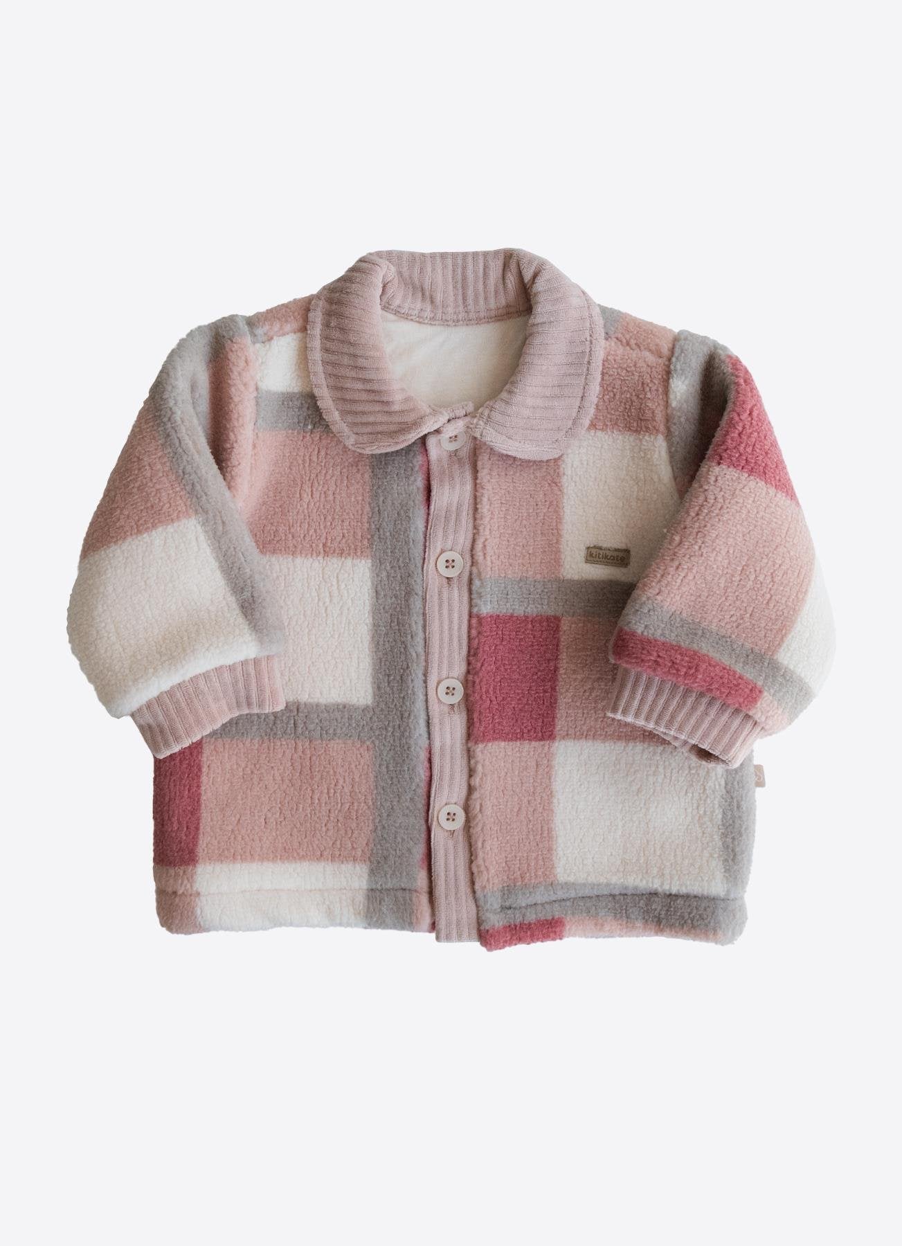 Pastel Kare Desenli Kadife Dokulu Pembe Ceket – Yumuşacık Puffie