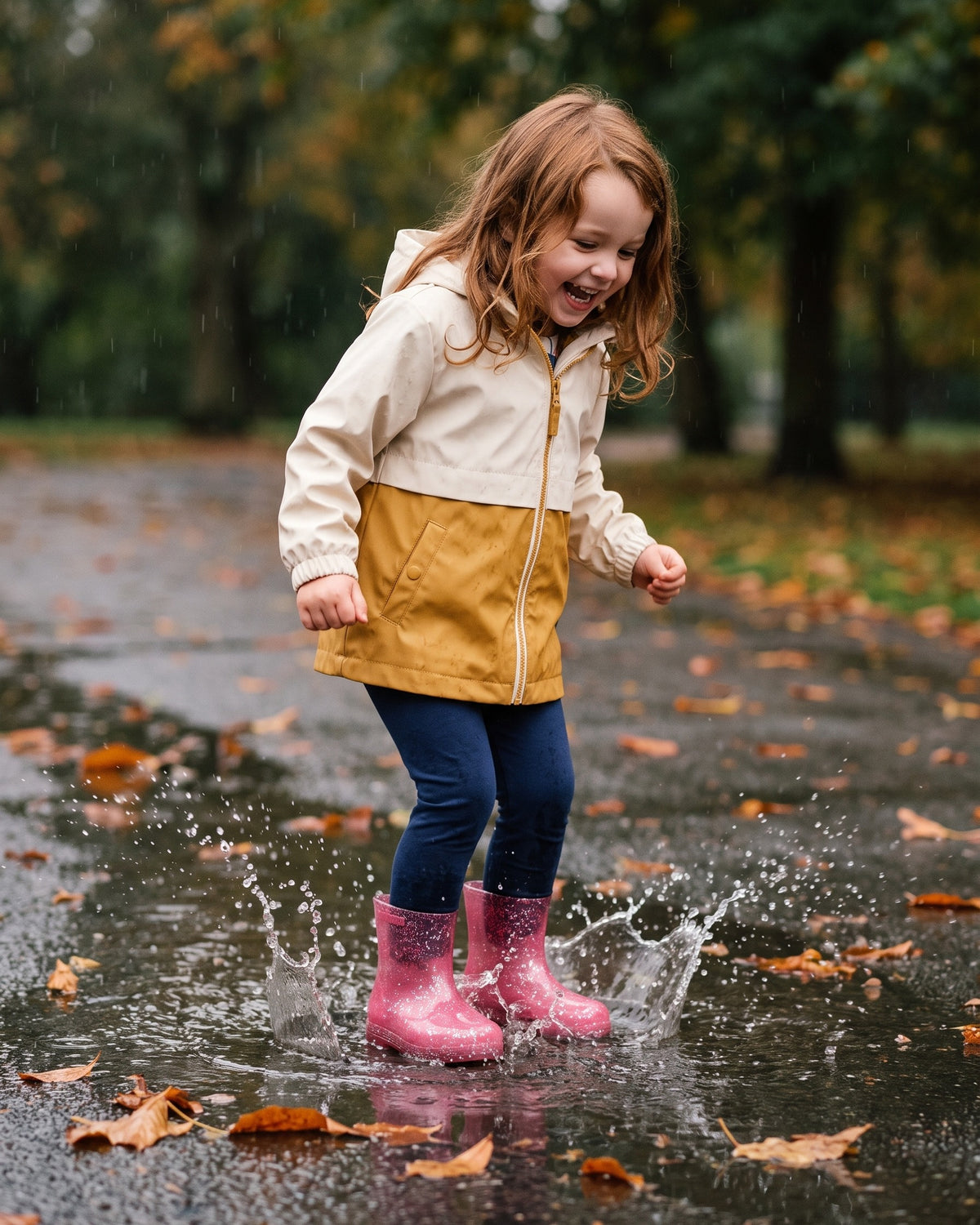 Mini Melissa Welly pembe yağmur çizmeleriyle su birikintisine zıplayan çocuk