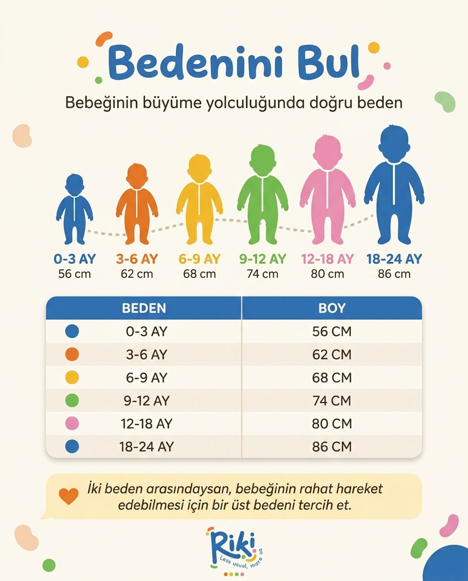 Bebek Micromodal takım beden tablosu, 3-24 ay arası boy ve yaş rehberi, Riki büyüme haritası