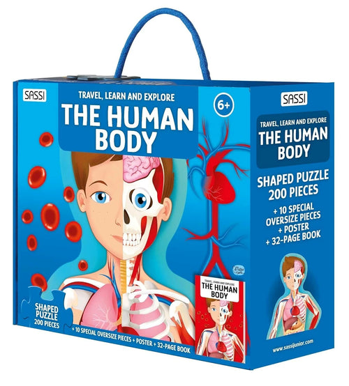 The Human Body puzzle ve kitap setinin mavi saplı kutusu, yarısı anatomik çocuk yüzü