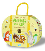 Animals on a Bus setinin sarı bavul biçimli saplı kutusu, pencerelerde tilki, sincap ve tavşan