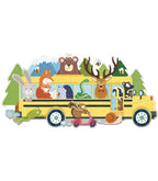Tamamlanmış Animals on a Bus puzzle'ı, hayvanlarla dolu sarı okul otobüsü