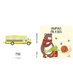 Animals on a Bus hikâye kitabının ön ve arka kapağı, bavullu ayı ve kurbağa
