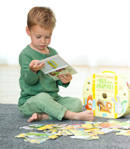 Animals on a Bus | Sassi Junior Puzzle Kitabı | 20 Parça Şekilli Puzzle