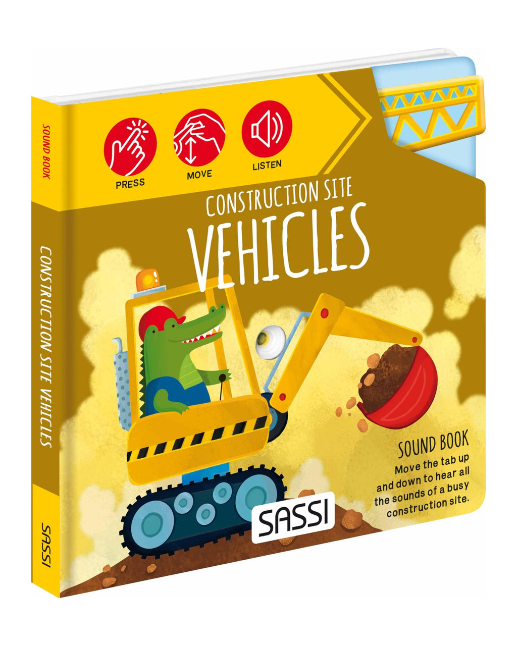Sound Books Construction Site Vehicles kapağı, sarı zeminde iş makinesi kullanan hayvanlar ve ses butonları
