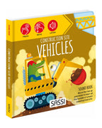 Sound Books Construction Site Vehicles kapağı, sarı zeminde iş makinesi kullanan hayvanlar ve ses butonları