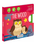 Sound Books The Wood sesli kitabının kapağı, ağaç dalında oturan kırmızı baykuş ve ses butonları