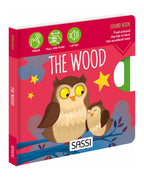 Sound Books The Wood sesli kitabının kapağı, ağaç dalında oturan kırmızı baykuş ve ses butonları
