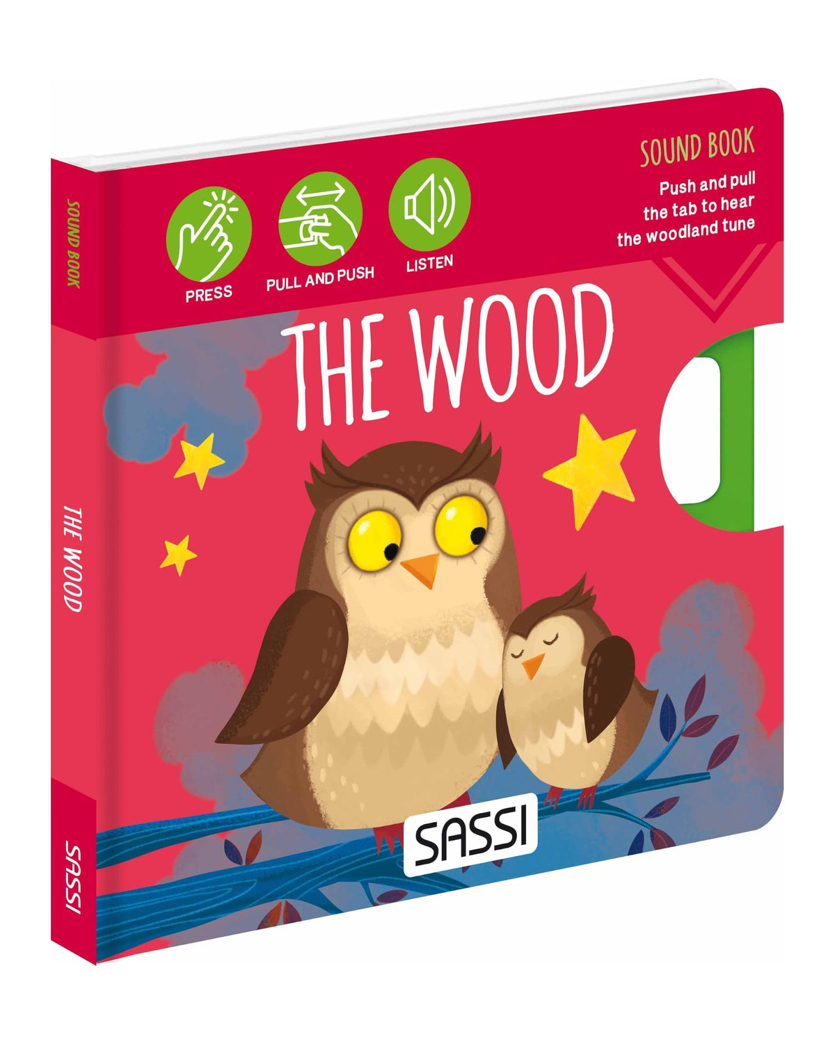 Sound Books The Wood sesli kitabının kapağı, ağaç dalında oturan kırmızı baykuş ve ses butonları