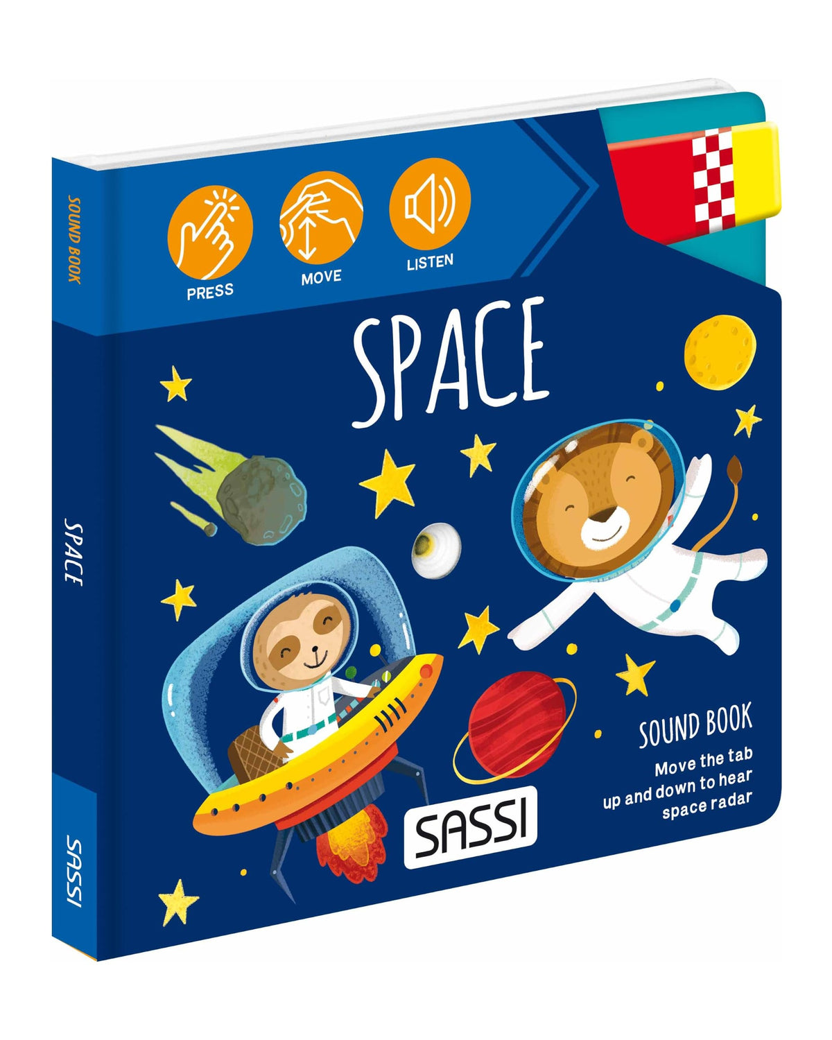 Sound Books Space sesli uzay kitabının kapağı, roket ve astronot hayvanlar